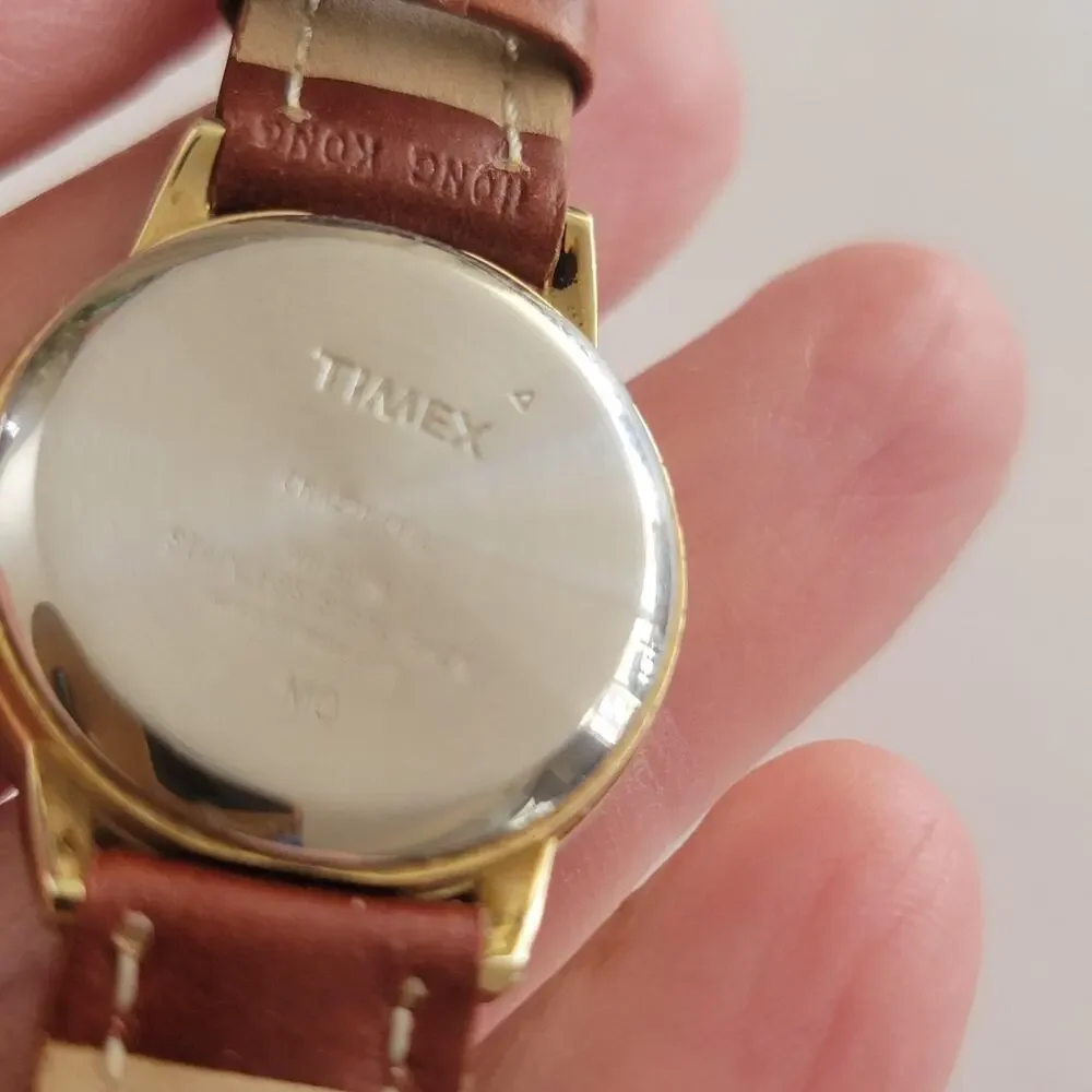 Timex Womens Watch Cream Dial Gold Case Brown Leather Strap Quartz Analog